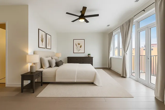 a bedroom with a bed and a lamp on the dresser