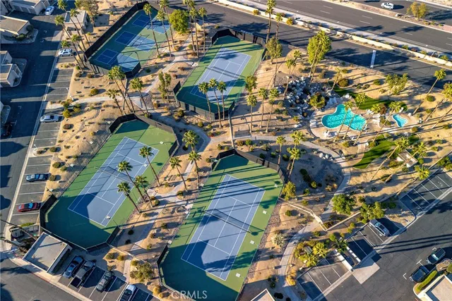 a view of a lake with a big yard and palm trees