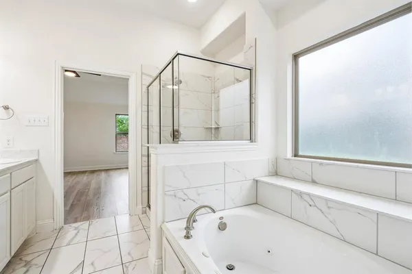 a bathroom with a bathtub and a shower