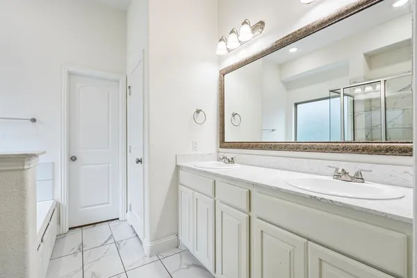 a bathroom with a sink double vanity and a mirror