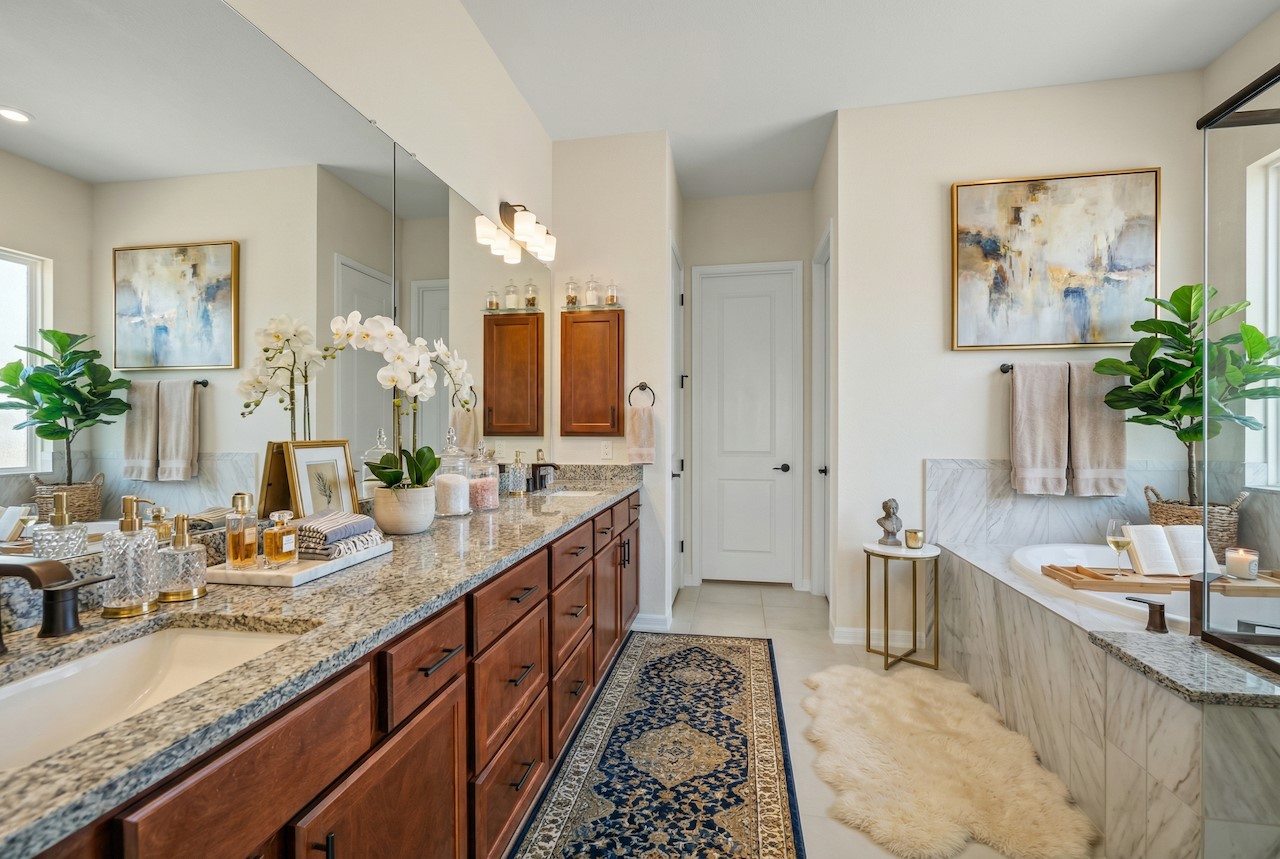 2660 Novara Trail Leander, TX 78641 - Photo 11 of 25 a spacious bathroom with a double vanity sink a mirror and a shower