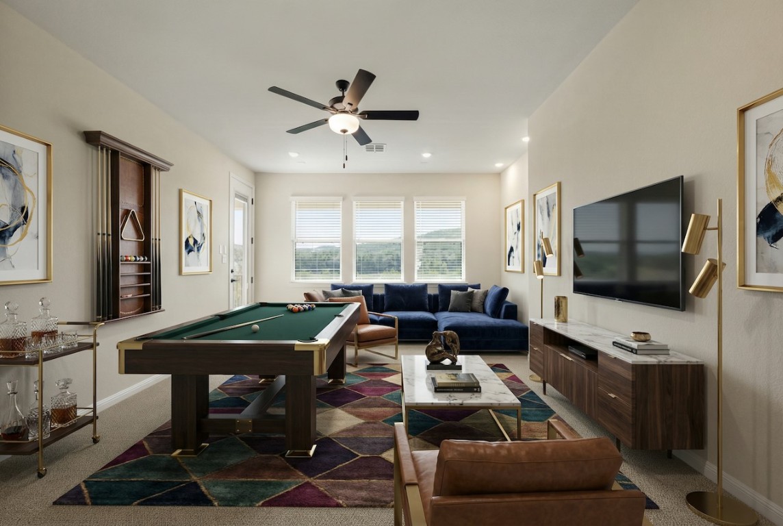 2660 Novara Trail Leander, TX 78641 - Photo 13 of 22 Game room with billiards, a ceiling fan, carpet flooring, and recessed lighting