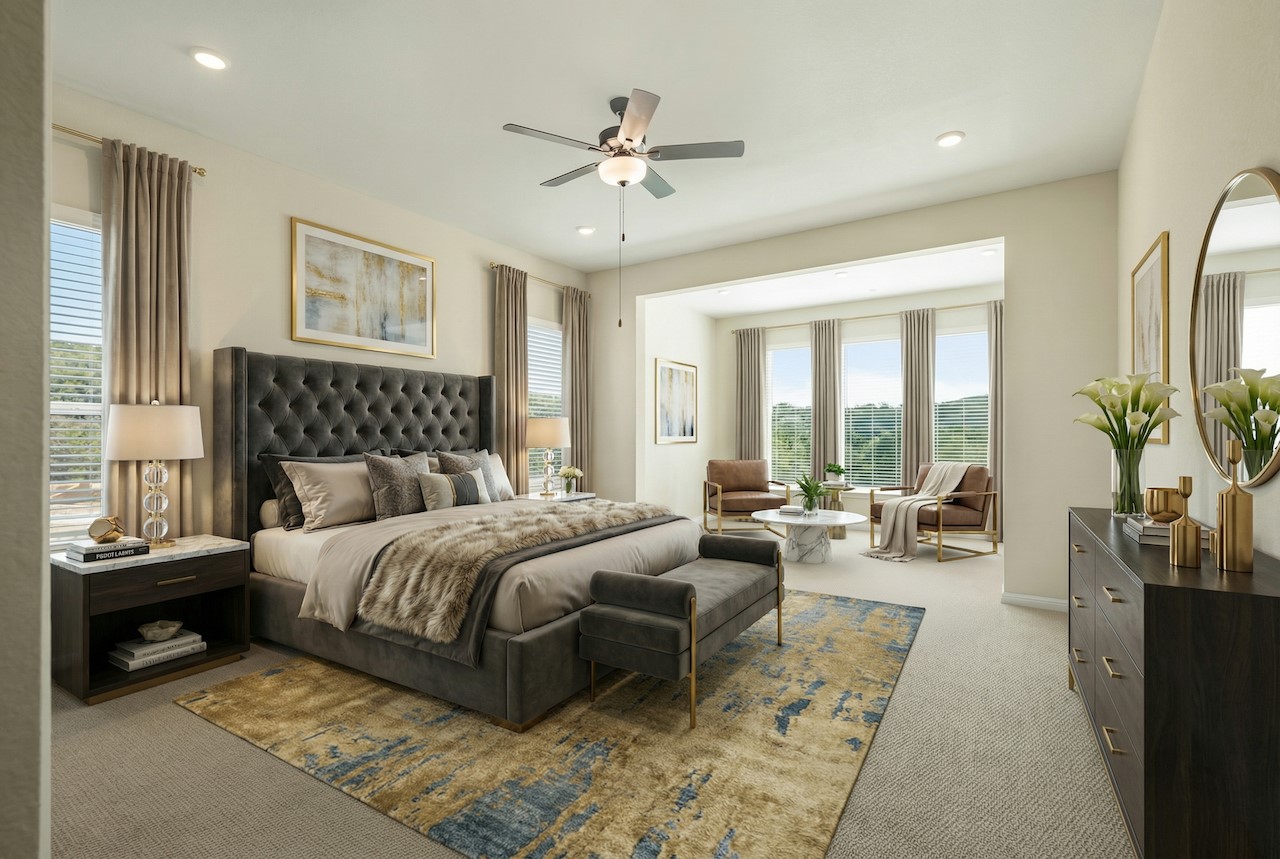 2660 Novara Trail Leander, TX 78641 - Photo 10 of 25 a bedroom with a large bed and a chandelier