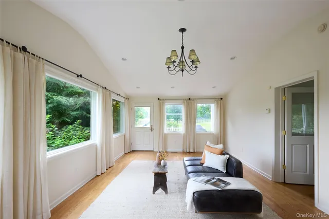 a view of a dining room with a window