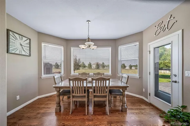 a view of a dining room with furniture window and wooden floor