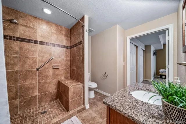 a bathroom with a granite countertop sink a toilet and shower