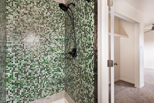 a bathroom with a shower and a sink