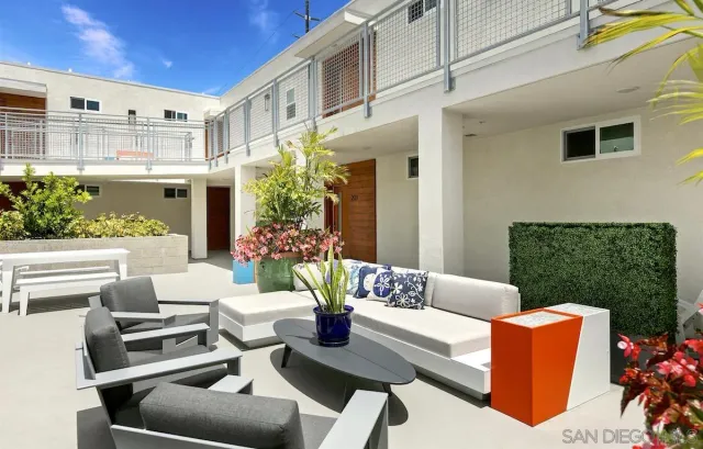 a view of a dining room with furniture
