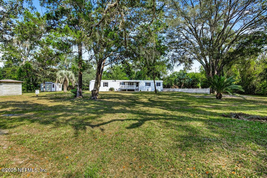 a view of a park with large trees