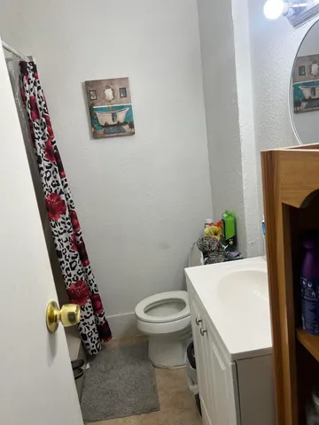 a bathroom with a toilet a sink and a mirror