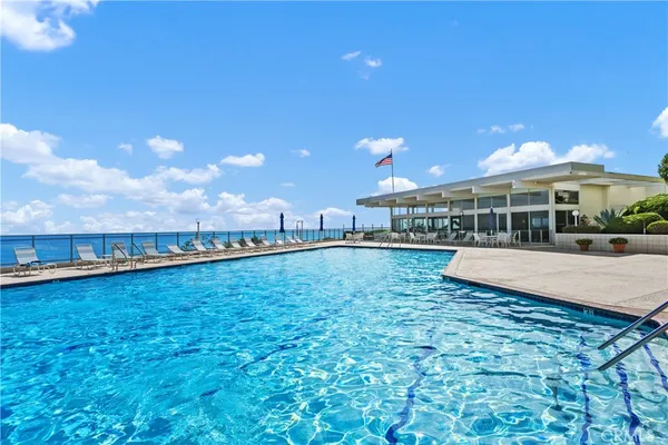 a view of an outdoor space with a swimming pool