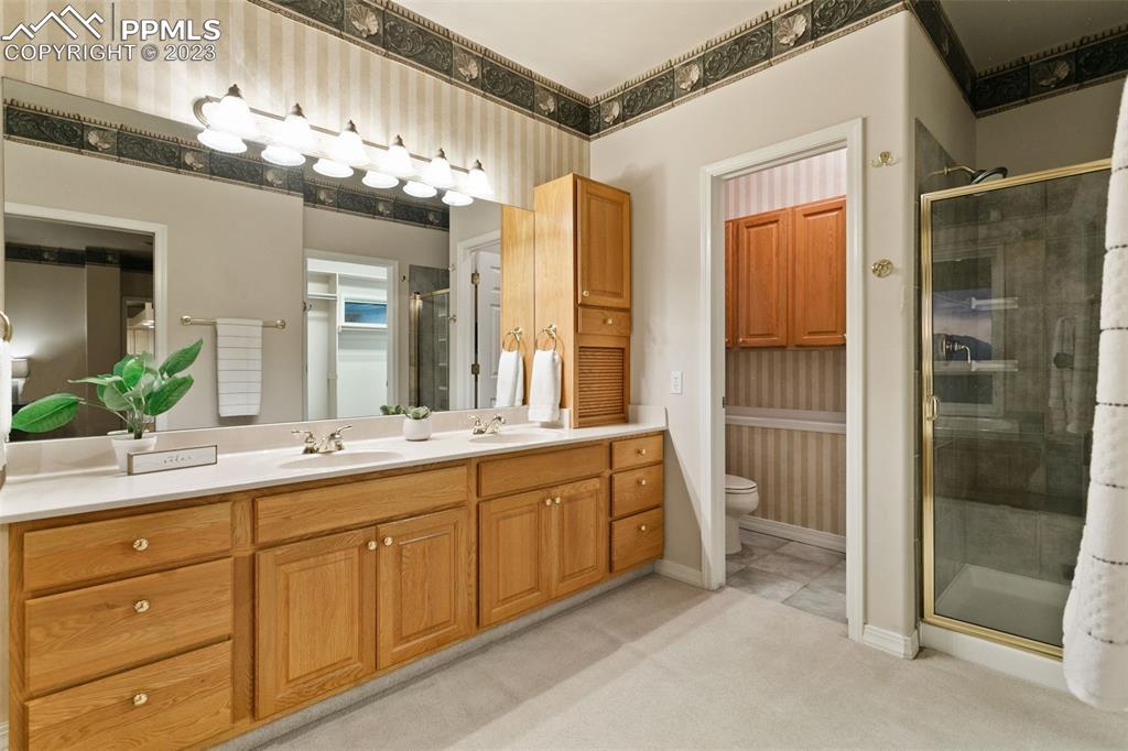 4120 Saddle Rock Road Colorado Springs, CO 80918 - Photo 34 of 50 a bathroom with a double vanity sink a toilet a mirror and shower