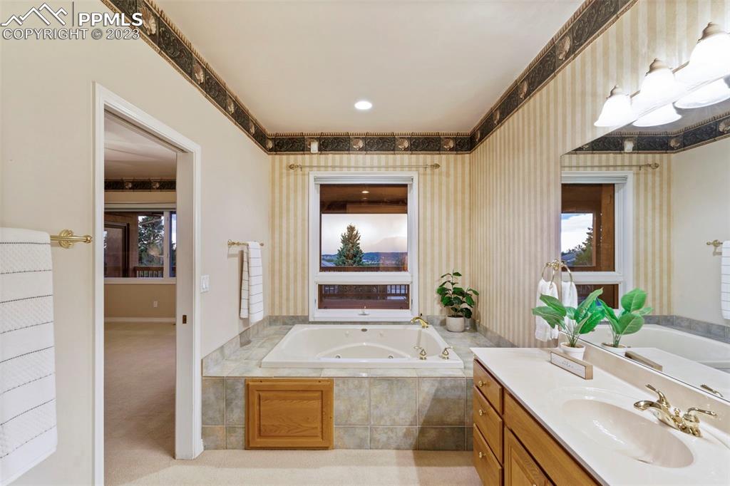 4120 Saddle Rock Road Colorado Springs, CO 80918 - Photo 35 of 50 a bathroom with a granite countertop sink a mirror and shower