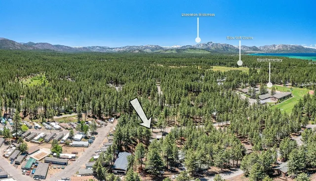 an aerial view of a house with a yard and a large tree