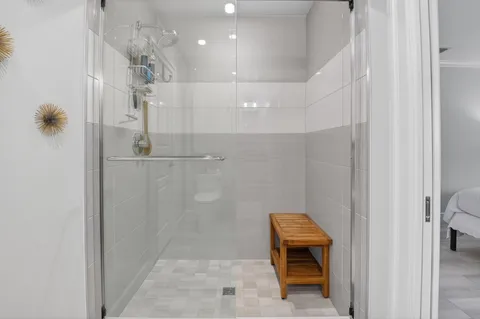 an aerial view of a house with a garden