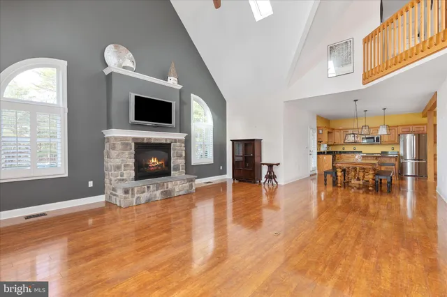 a living room with furniture and a fireplace or kitchen