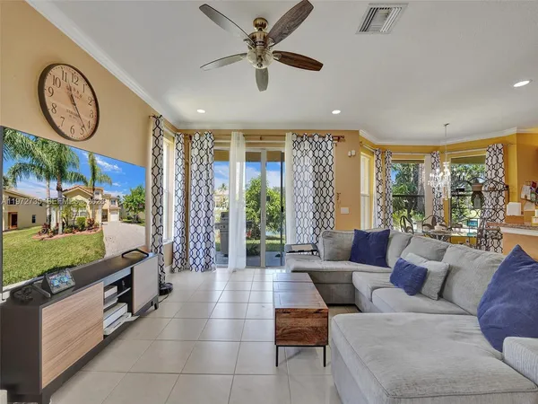 a living room with furniture and a large window
