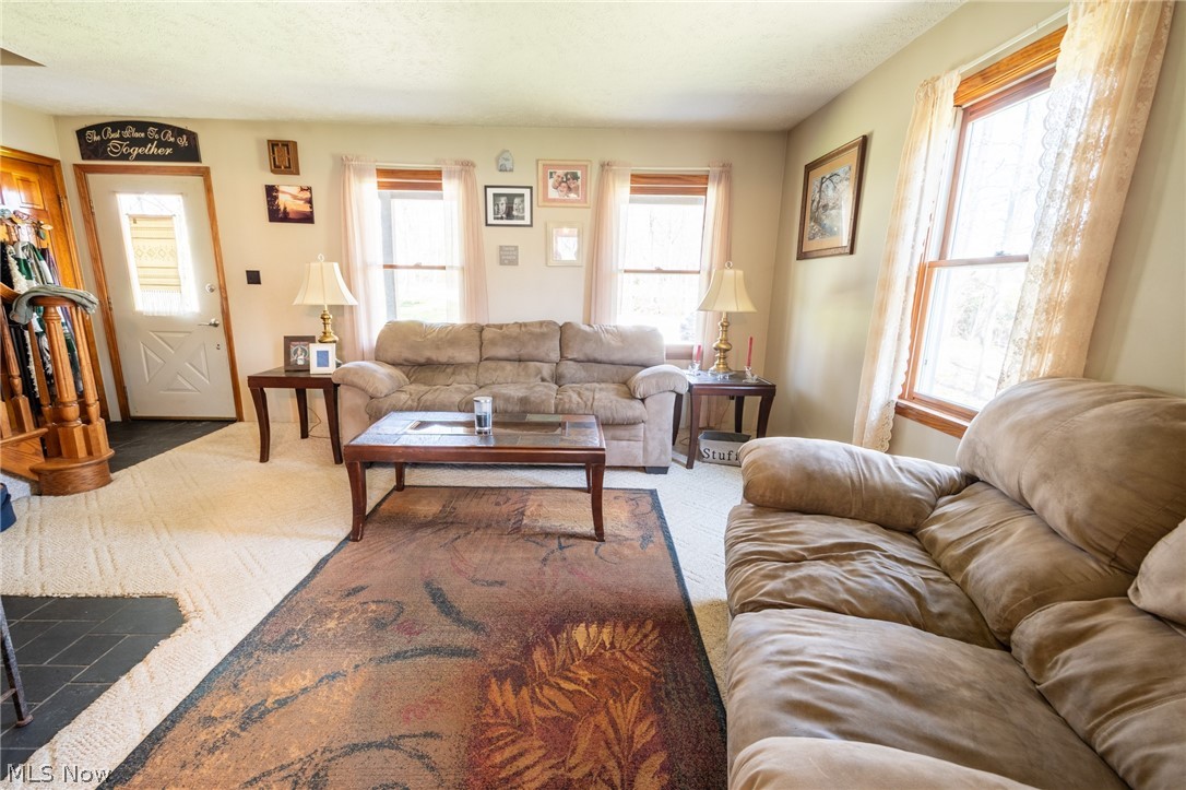 14027 Mayfield Road Huntsburg, OH 44046 - Photo 19 of 50 Living area featuring carpet flooring with an area rug, multiple windows, and a partially visible staircase with wood newel and balusters