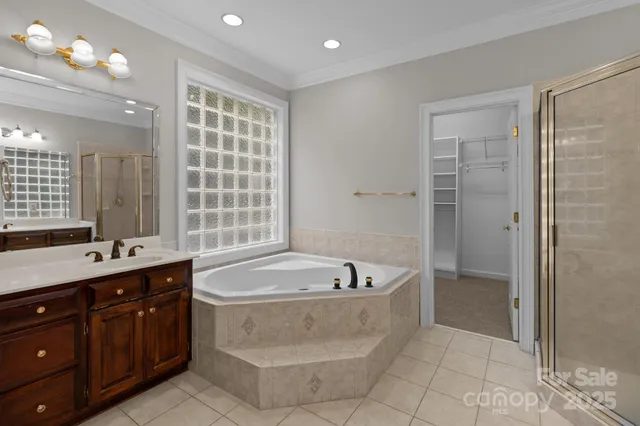 a bathroom with a tub sink shower and mirror