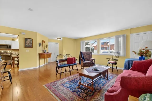 a living room with furniture a rug and a large window