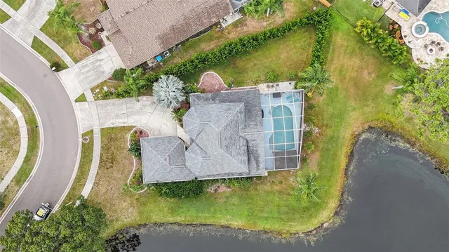 an aerial view of a house with swimming pool and large trees