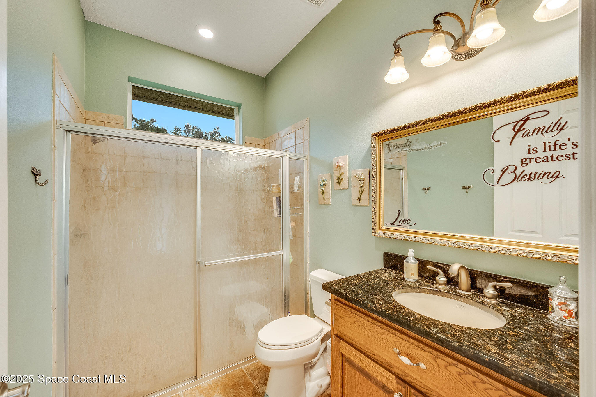 2800 Parrish Road Titusville, FL 32796 - Photo 32 of 45 a bathroom with a granite countertop sink toilet a mirror and shower