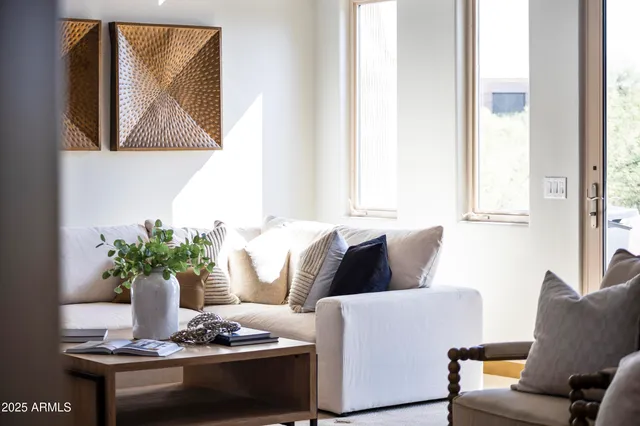 a living room with furniture and a potted plant