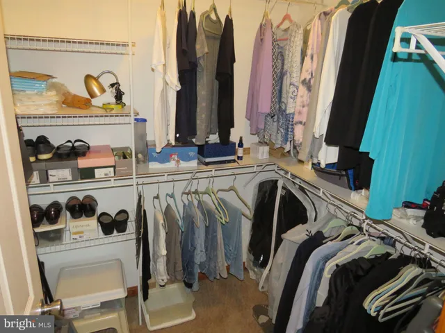a view of walk in closet with clothes and shoes