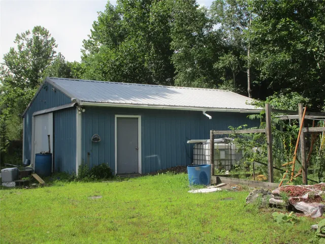 a view of a backyard with plants and large tree