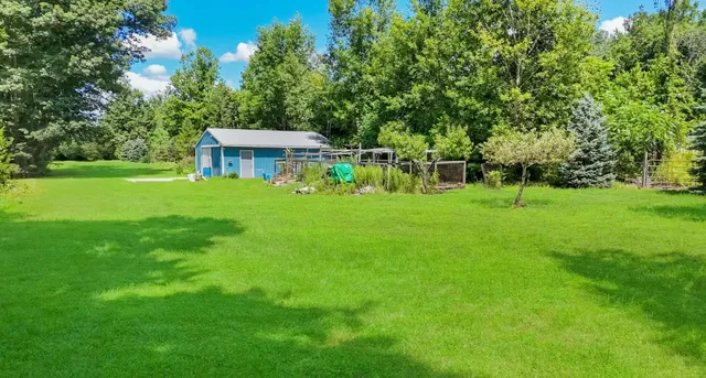 a view of green field with trees in the background