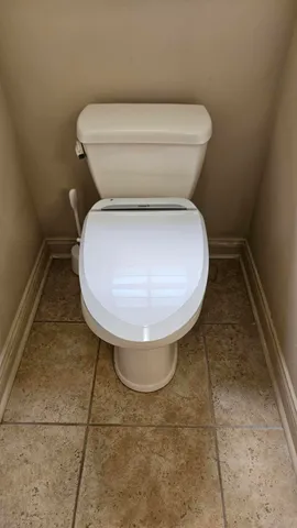 a bathroom with a toilet and a rug