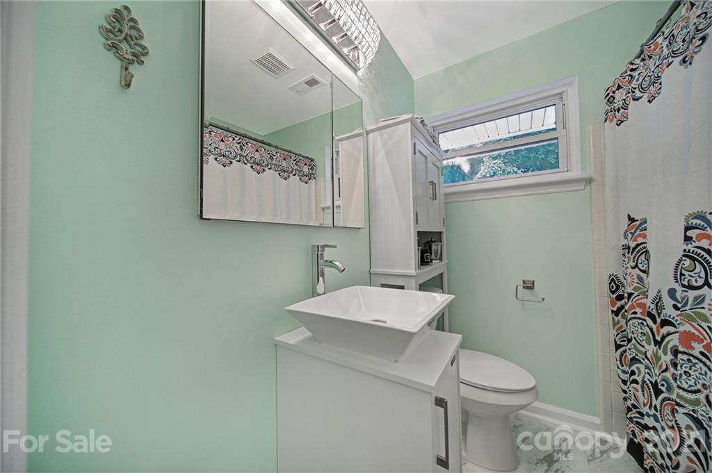 5046 Milford Road Charlotte, NC 28210 - Photo 16 of 32 a bathroom with a sink a toilet and a shower curtain