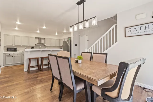 a view of a dining room with furniture