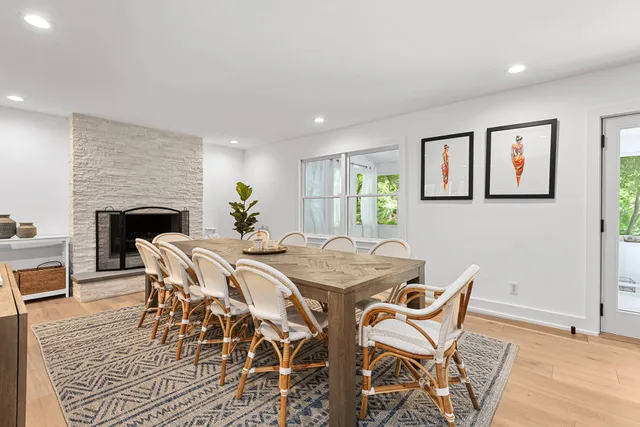 a view of a dining room with furniture