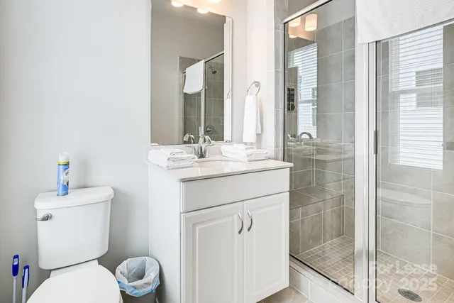 a bathroom with a toilet sink vanity and shower