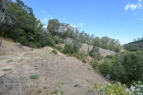 a view of a dry yard with mountains in the background