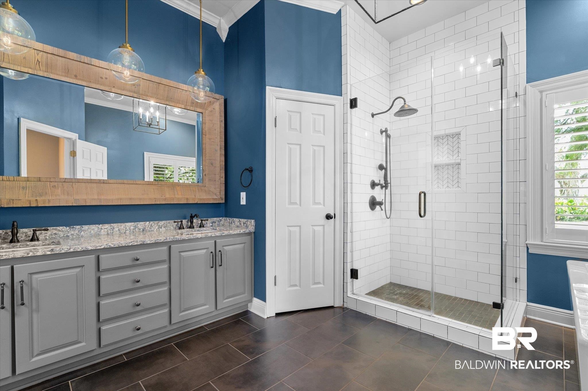 5231 Dawes Road Grand Bay, AL 36541 - Photo 15 of 49 Bathroom featuring ornamental molding, vanity, and a shower with shower door