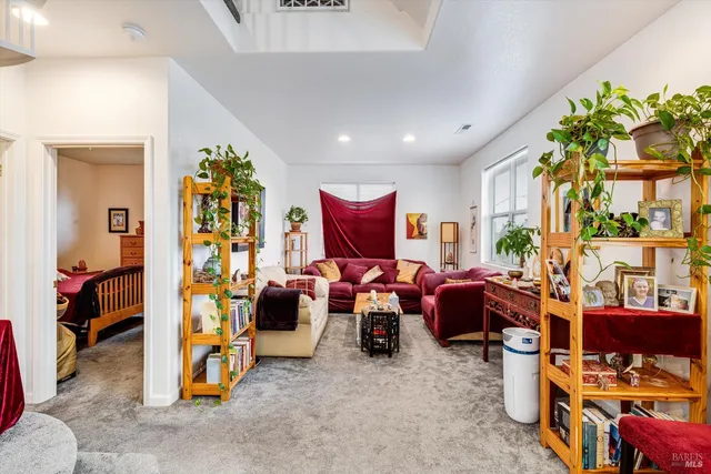 a living room with furniture a rug and gym equipment