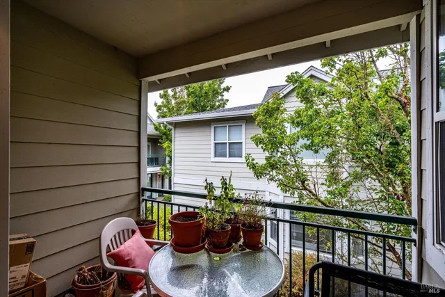 a balcony with chairs and a potted plant