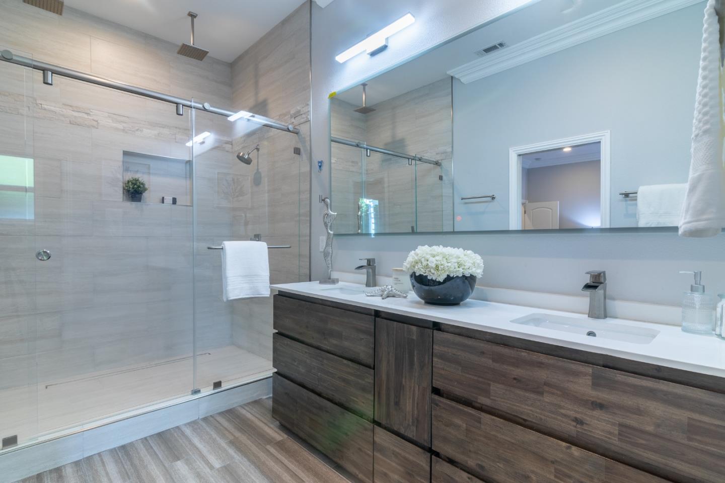 1258 South Stelling Road Cupertino, CA 95014 - Photo 50 of 56 a bathroom with a double vanity sink mirror and shower