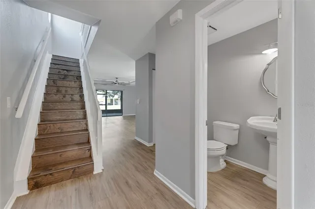 a view of a bathroom from the hallway