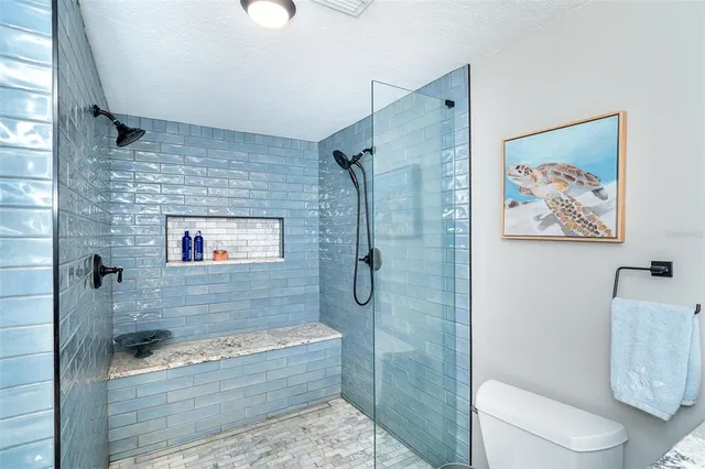 a bathroom with a shower and a toilet