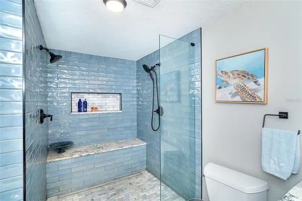 a bathroom with a shower and a toilet