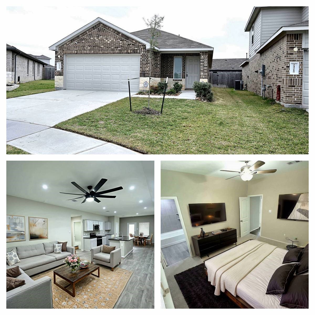 a view of a house with backyard and porch