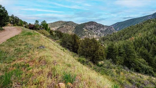 a view of a dry yard with mountains in the background