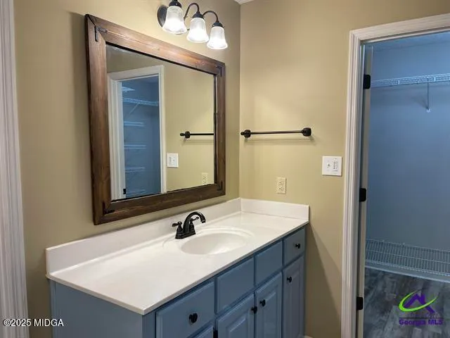 a bathroom with a sink and a mirror