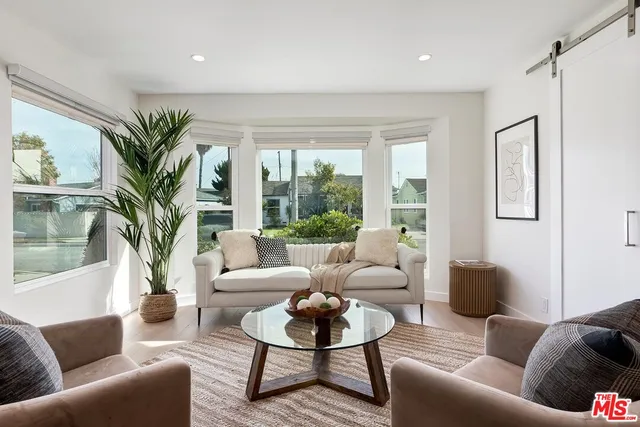 a living room with furniture potted plant and a large window