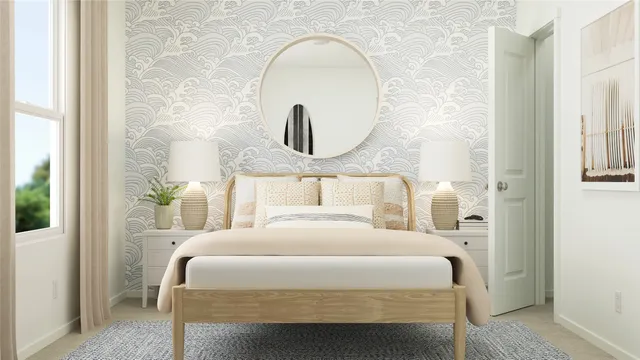 a bedroom with a bed and a mirror