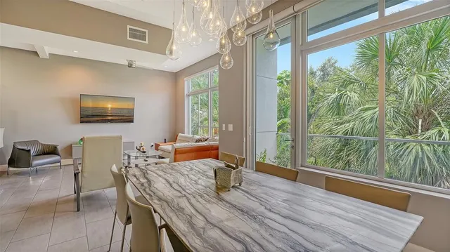 a view of a dining room with furniture window and outside view