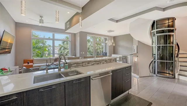 a view of a dining room with furniture